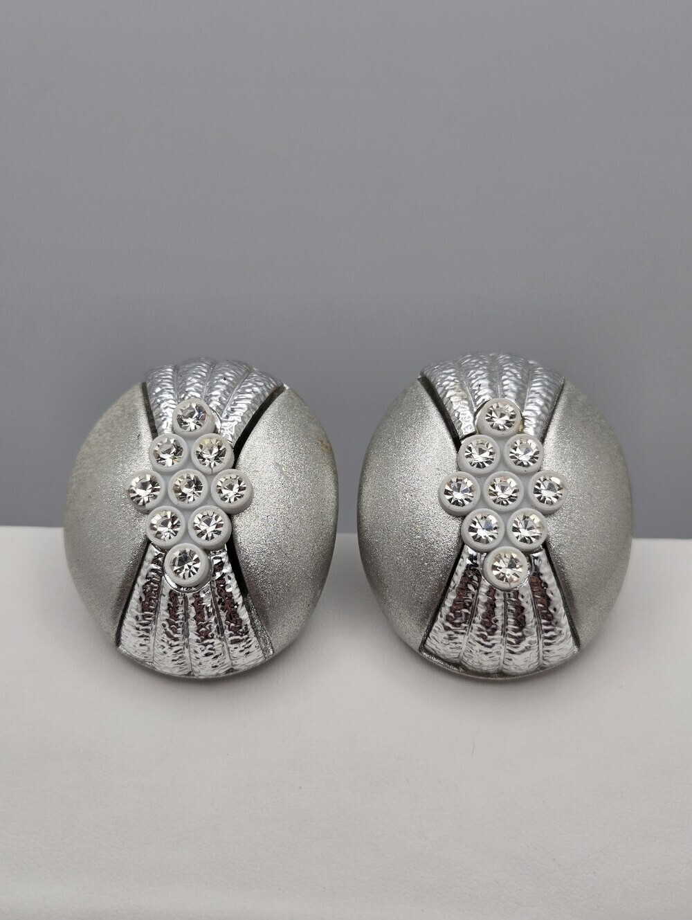 Japan Vintage Silver Tone Clip On Earrings Rhinestone Cluster Dome Design